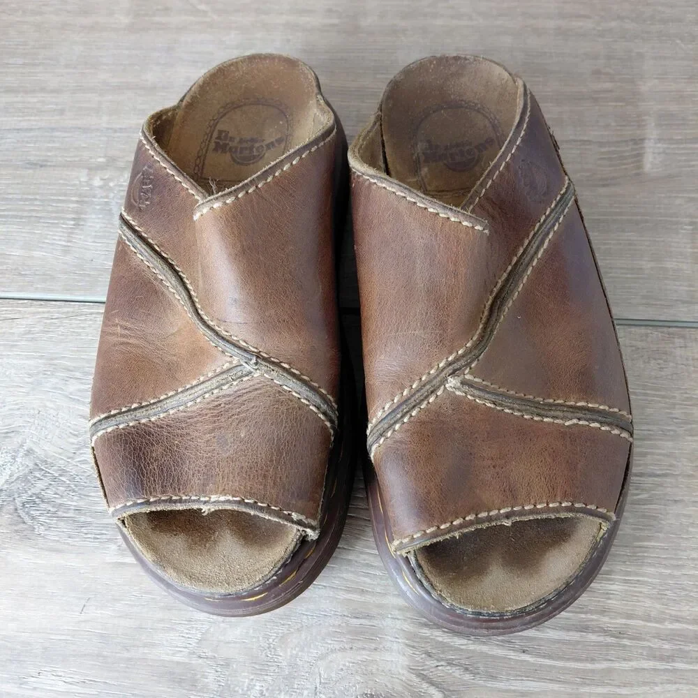VTG Dr Marten Sandals Women 6 Brown Leather Chunky Slides Made England Fisherman